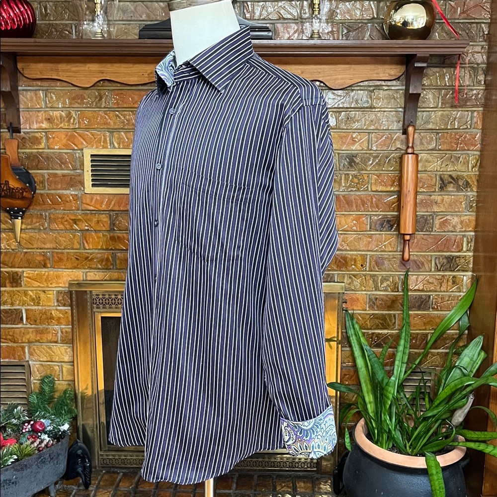 -Bugatchi Uomo Black w/Purple & Grey Button-Down w/Flip Cuffs & Collar L/S Sz XL - Picture 11 of 14